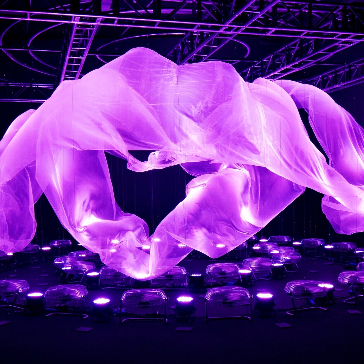 Glowing lavender fabric light sculptures under purple LED